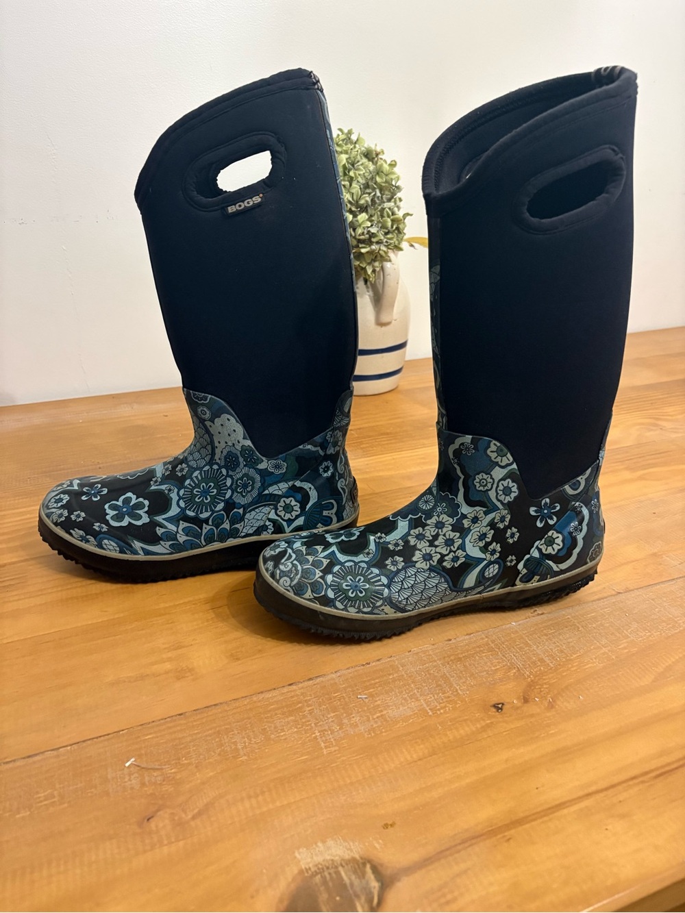 Bogs Women's Black and Blue Floral Tall Waterproof Boots